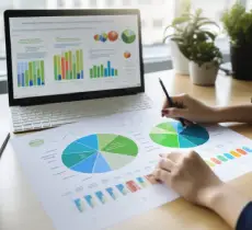 A person analyzes a printed pie chart with a pen, next to a laptop displaying bar and pie graphs of marketing data.