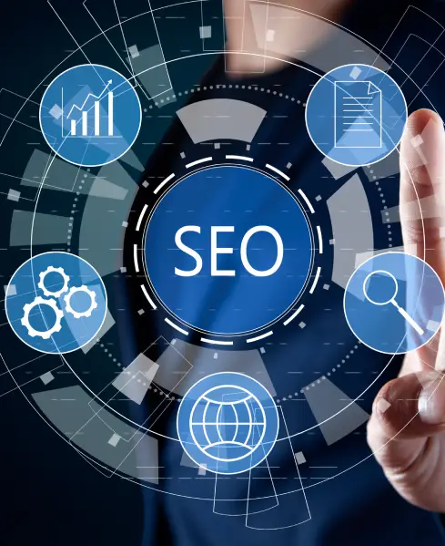 A person's finger points toward a large blue circular diagram with "SEO" in the center, surrounded by rotating digital marketing and analytics icons