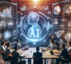 A hand points to a glowing, futuristic digital diagram of a brain labeled with AI and business data points