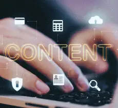 Hands typing on a laptop with the glowing word "CONTENT" overlaid, surrounded by security, calculation, and cloud icons.